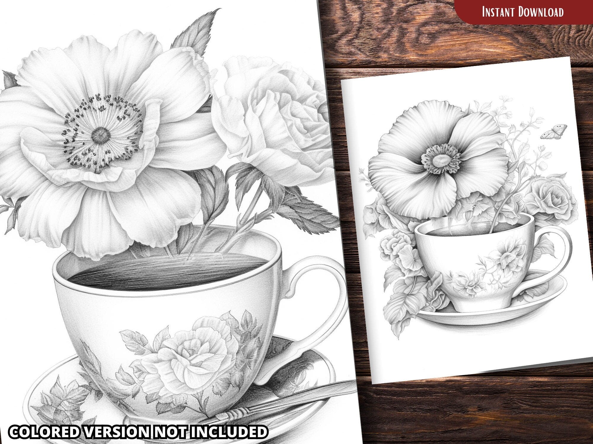 Teacup and Flower Coloring Pages for Adults and for Kids for Relax and ...