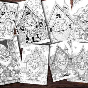 Enchanted Gnomes Coloring Pages for Adults and for Kids, Grayscale Coloring Book, Printable PDF