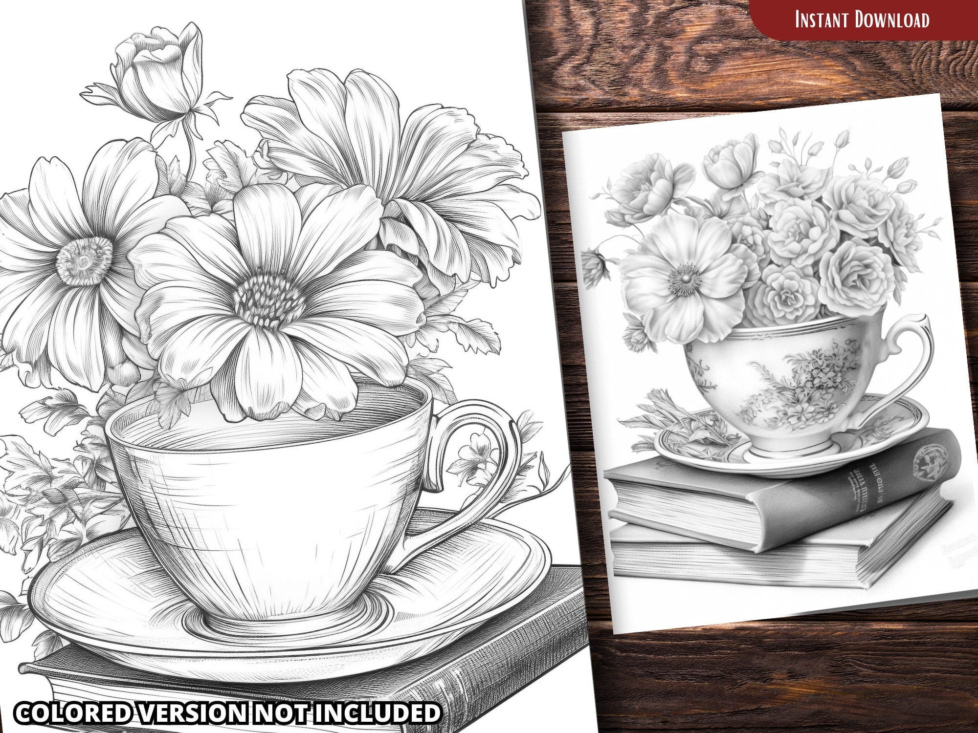 Teacup and Flower Coloring Pages for Adults and for Kids for Relax and ...
