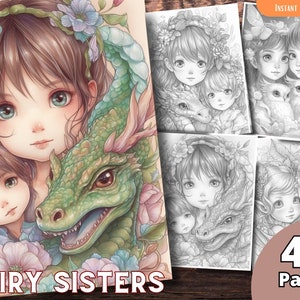 Fairy Sisters Coloring  Pages for Adults and for Kids Grayscale Coloring, Printable PDF