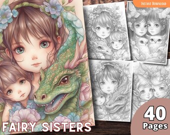 Páginas para colorear de Fairy Sisters para adultos y niños para colorear en escala de grises, PDF imprimible