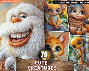 Cute Creatures Grayscale Coloring Book, Relaxing Art (Printable PDF)