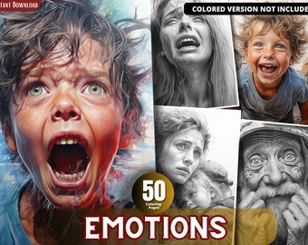 May include: A set of 50 black and white coloring pages featuring different human emotions. The pages include images of people of different ages and genders expressing a variety of emotions, such as joy, sadness, anger, and fear. The title "EMOTIONS" is displayed in gold letters at the bottom of the image.