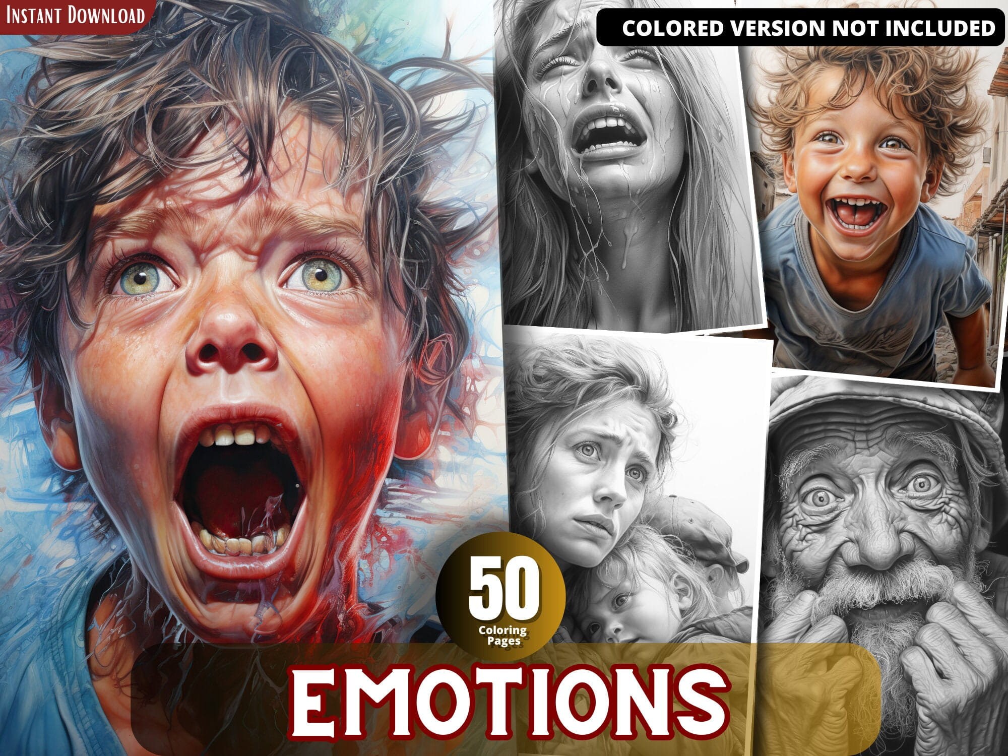Emotions Coloring Pages for Adults and for Kids Grayscale Coloring ...
