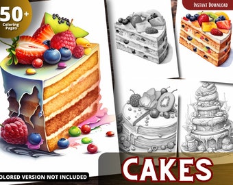 Cakes Coloring Pages for Adults and for Kids for Relax and Stress Relief, Grayscale Coloring Book, Printable PDF
