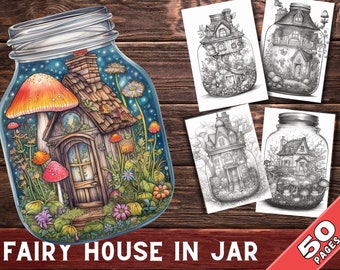 Dibujos para colorear de una casa de hadas en un frasco, libro para colorear en escala de grises (PDF imprimible)