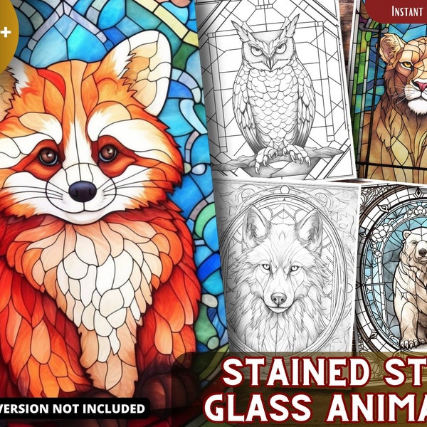 Coloriages d'animaux en vitrail pour adultes et enfants pour se détendre et soulager le stress, livre de coloriage en niveaux de gris, PDF imprimable