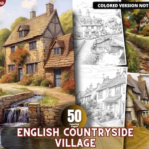 English Countryside Village Coloring Pages for Adults and for Kids for Relax and Stress Relief, Grayscale Coloring Book, Printable PDF
