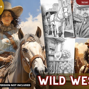 Wild West Coloring Pages for Adults and for Kids for Relax and Stress Relief, Grayscale Coloring Book, Printable PDF