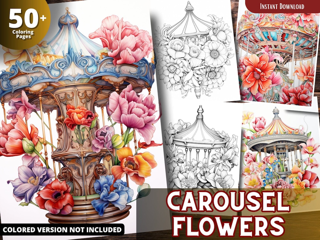 Carousel Flowers Coloring Pages for Adults and for Kids for Relax and ...