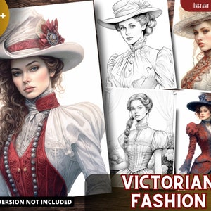 Victorian Fashion Coloring Pages for Adults and for Kids, Grayscale Coloring Book, Printable PDF