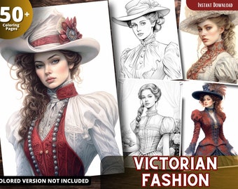 May include: A coloring book featuring Victorian fashion illustrations. The cover shows a woman wearing a white hat with a red band and a red and white dress. The text "Victorian Fashion" is printed on the cover.