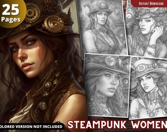 Steampunk Women Coloring Pages for Adults and for Kids for Relax and Stress Relief, Grayscale Coloring Book, Printable PDF