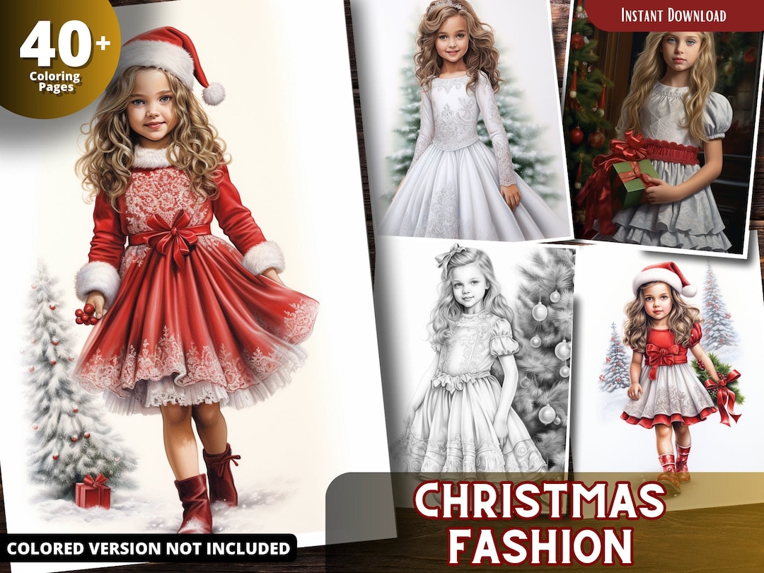 Christmas Fashion Coloring Pages for Adults and for Kids Grayscale ...