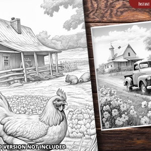 Może przedstawiać: Czarno-biała ilustracja wiejskiej sceny z domem, ciężar&oacute;wką i kurą. Dom ma werandę i płot. Ciężar&oacute;wka jest zaparkowana na polnej drodze. Kura stoi na polu kwiat&oacute;w.