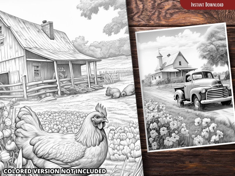 Może przedstawiać: Czarno-biała ilustracja wiejskiej sceny z domem, ciężar&oacute;wką i kurą. Dom ma werandę i płot. Ciężar&oacute;wka jest zaparkowana na polnej drodze. Kura stoi na polu kwiat&oacute;w.