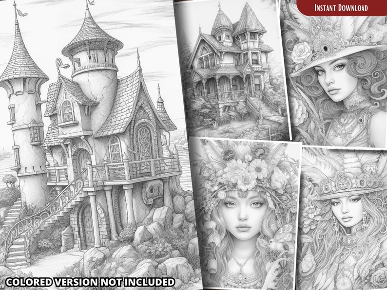 May include: A set of four printable coloring pages featuring a whimsical castle, a Victorian house, and two women with elaborate headwear. The images are drawn in black and white with intricate details.