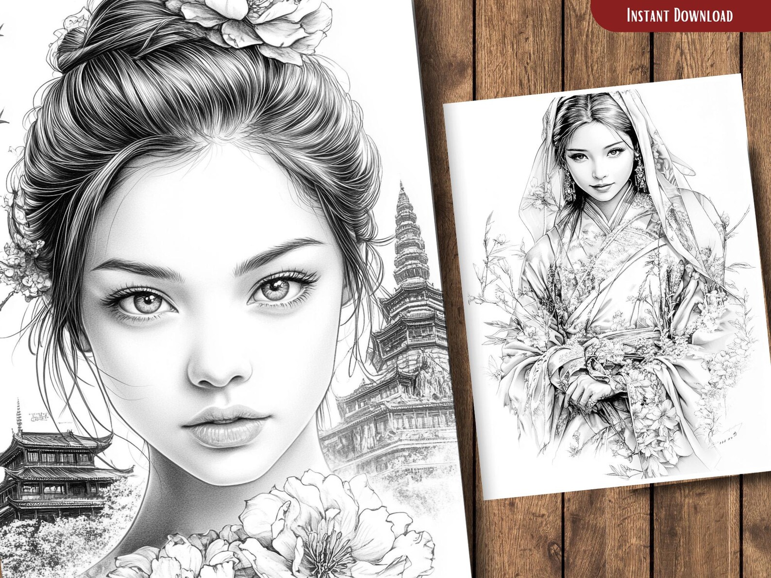 Asian Culture and Portraits Coloring Pages for Adults and for Kids ...