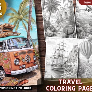 Travel Coloring for Adults and for Kids Coloring Pages for Relax and Stress Relief, Grayscale Coloring Book, Printable PDF