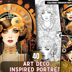Art-Deco Portret Coloring Pages for Adults and for Kids for Relax and Stress Relief, Grayscale Coloring Book, Printable PDF