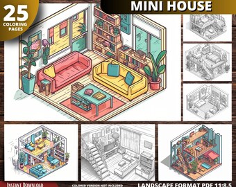 Disegni da colorare di interni di mini case, in scala di grigi, in formato PDF stampabile.