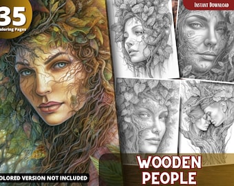 Wooden People Grayscale Coloring Book For Adults & Kids (Printable PDF)