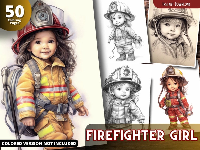 Firefighter Girl Coloring Book - Adults Kids Coloring Pages, Instant ...