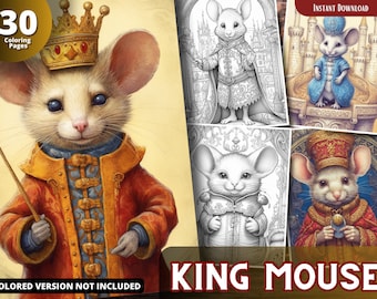 King Mouse Coloring Pages for Adults and for Kids, Grayscale Coloring Book, Printable PDF