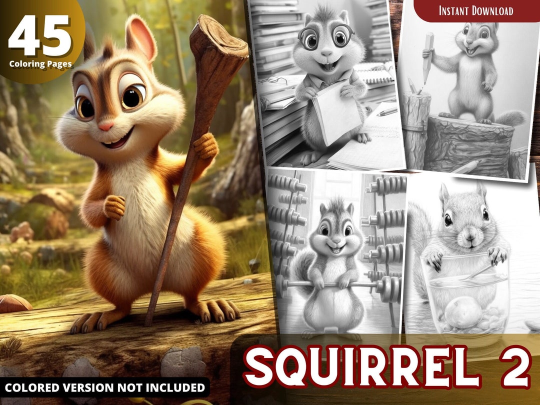 Squirrel Coloring Pages for Adults and for Kids, Grayscale Coloring ...