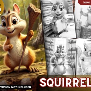 Squirrel Coloring Pages for Adults and for Kids, Grayscale Coloring Book, Printable PDF