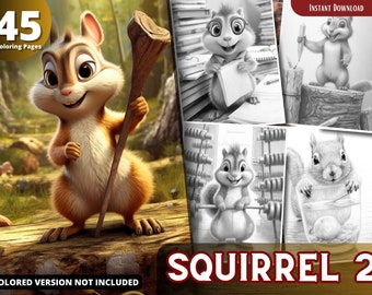 Squirrel Coloring Pages for Adults and for Kids, Grayscale Coloring Book, Printable PDF