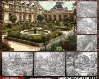 French Garden Grayscale Coloring Pages, Stress Relief (Printable PDF)