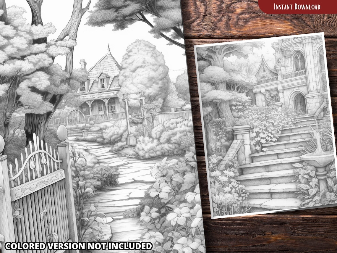 Secret Garden Coloring Pages for Adults and for Kids, Grayscale ...