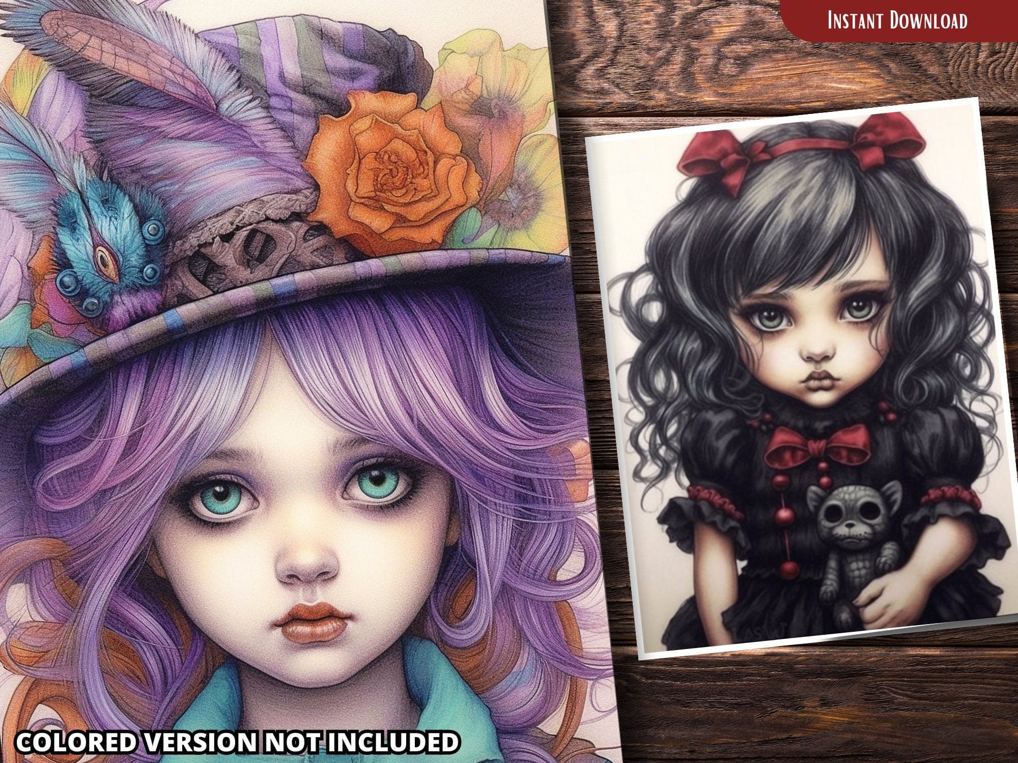 Gothic Cute Girl Coloring Pages for Adults and for Kids Grayscale ...