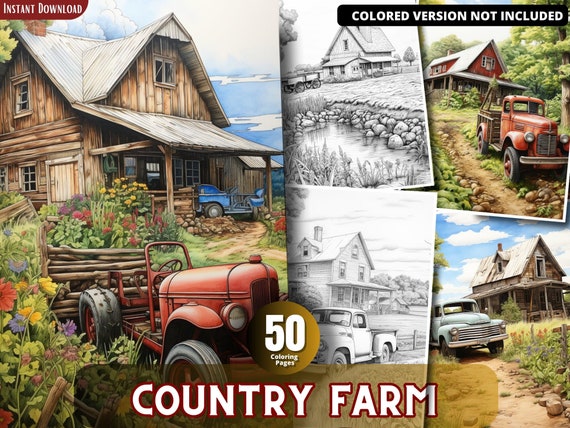 Country Farm Coloring Pages for Adults and for Kids  for Relax and Stress Relief, Grayscale Coloring Book, Printable PDF