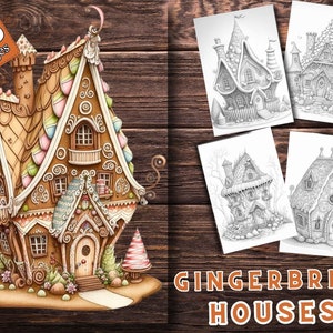 Fantasy Gingerbread Fairy Houses Coloring Pages for Adults and for Kids Grayscale Coloring, Printable PDF