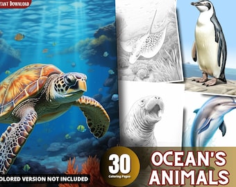 Dibujos para colorear de animales marinos, libro para colorear en escala de grises (PDF imprimible)