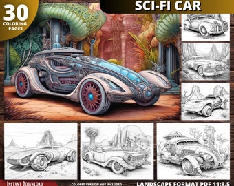 Sci-fi Car Coloring Pages for Adults and for Kids for Relax and Stress Relief, Grayscale Coloring Book, Printable PDF