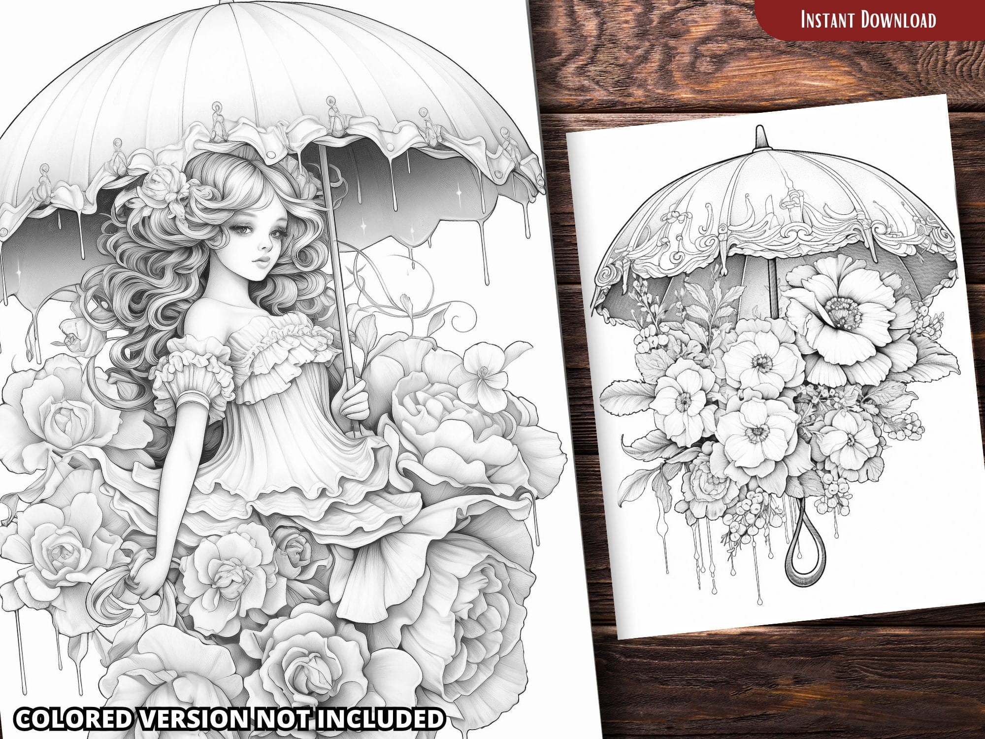 Umbrella With Flowers Coloring Pages for Adults and for Kids Grayscale ...