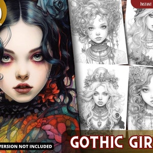 Páginas para colorear de niña gótica para adultos y niños, libro para colorear en escala de grises, PDF imprimible