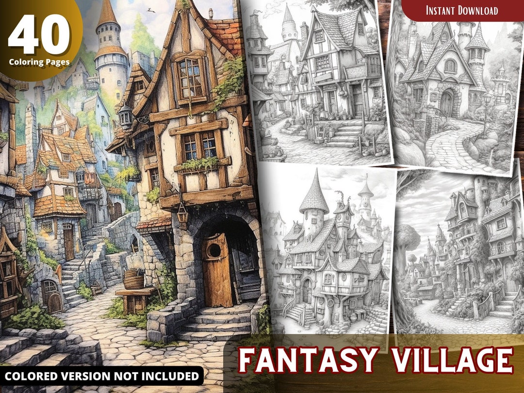 Fantasy Village Coloring Pages for Adults and for Kids for Relax and Stress Relief, Grayscale ...