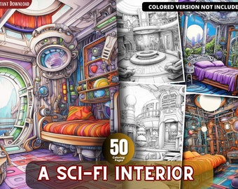 Sci-Fi Interior Grayscale Coloring Book For Adults & Kids (Printable PDF)