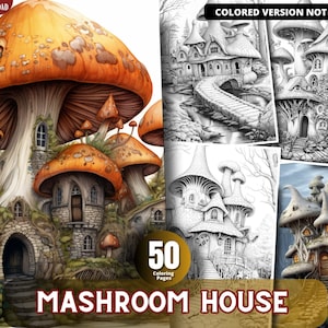 Mashroom House Coloring Pages for Adults and for Kids for Relax and Stress Relief, Grayscale Coloring Book, Printable PDF