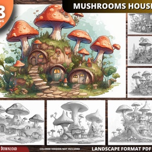 Mushroom house village Coloring Pages for Adults and for Kids for Relax and Stress Relief, Grayscale Coloring Book, Printable PDF