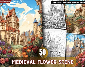 Dibujos para colorear de escenas florales medievales para adultos y niños (PDF imprimible)