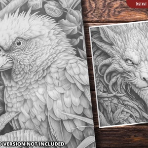 May include: A black and white drawing of a parrot with detailed feathers and a leafy background. The parrot is looking to the left with its beak slightly open.