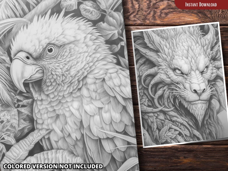 May include: A black and white drawing of a parrot with detailed feathers and a leafy background. The parrot is looking to the left with its beak slightly open.