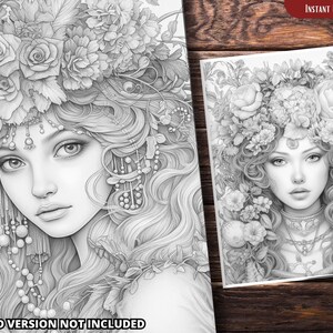 May include: A black and white line drawing of a woman with a floral crown. The woman has long, flowing hair and is wearing a necklace. The drawing is detailed and intricate.