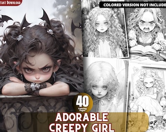 May include: A black and white coloring book with 40 pages featuring illustrations of adorable creepy girls. The cover features a girl with black hair and a black dress, with bat wings on her head. The text "Adorable Creepy Girl" is written in gold letters on the cover.