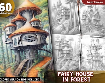 Fairy House in Forest Coloring Pages for Adults and for Kids for Relax and Stress Relief, Grayscale Coloring Book, Printable PDF